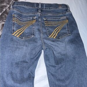 7 For All Mankind Blue Boot Cut Jeans with Gold Stitching